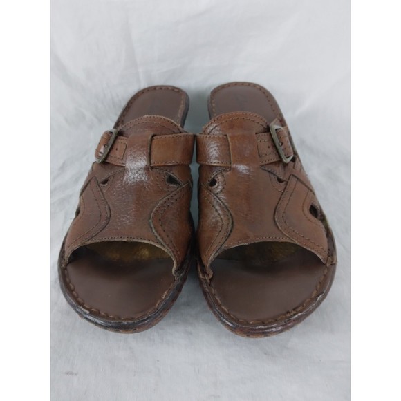 Clarks Sandals Slides Brown Leather Buckle Faux Wood Heel Womens Size 6.5 M - Picture 2 of 9